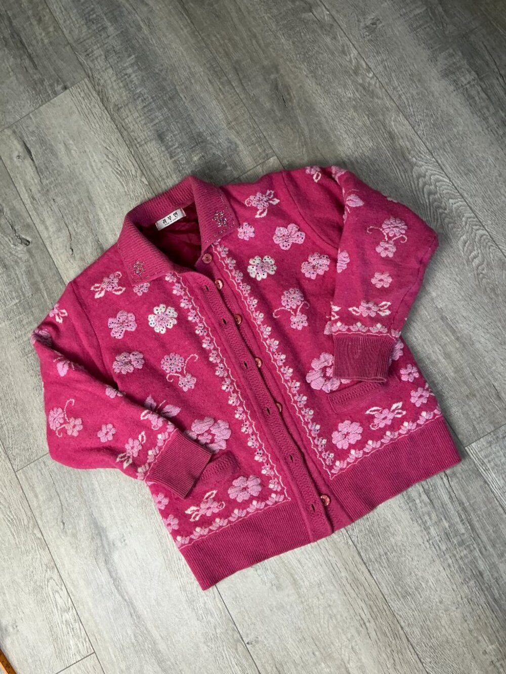 Korean Gwibuin Pink Floral Rhinestone Button Cardigan Jacket Lined